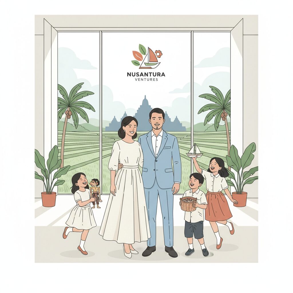 ディーン・フジオカさんと妻ヴァニーナさん、そして3人の子どもたちが笑顔で写る家族写真。