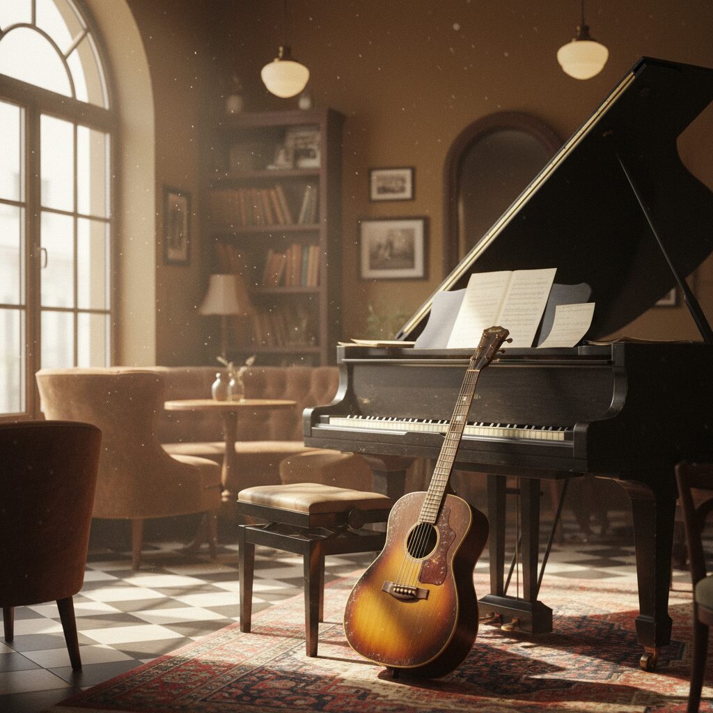 ヴィンテージのアコースティックギターとクラシックなグランドピアノが置かれた居心地の良い部屋