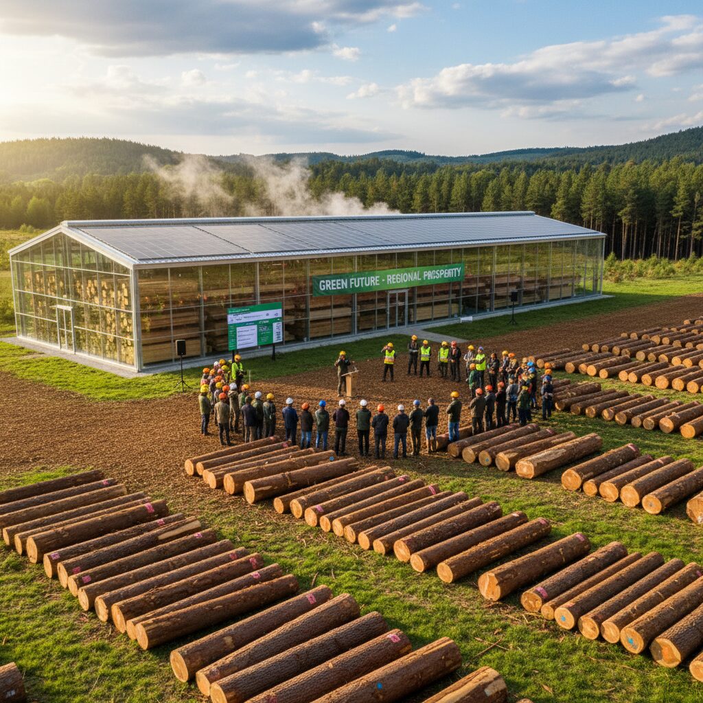 福井県嶺北木材林産協同組合のセリ市と木材乾燥施設の風景