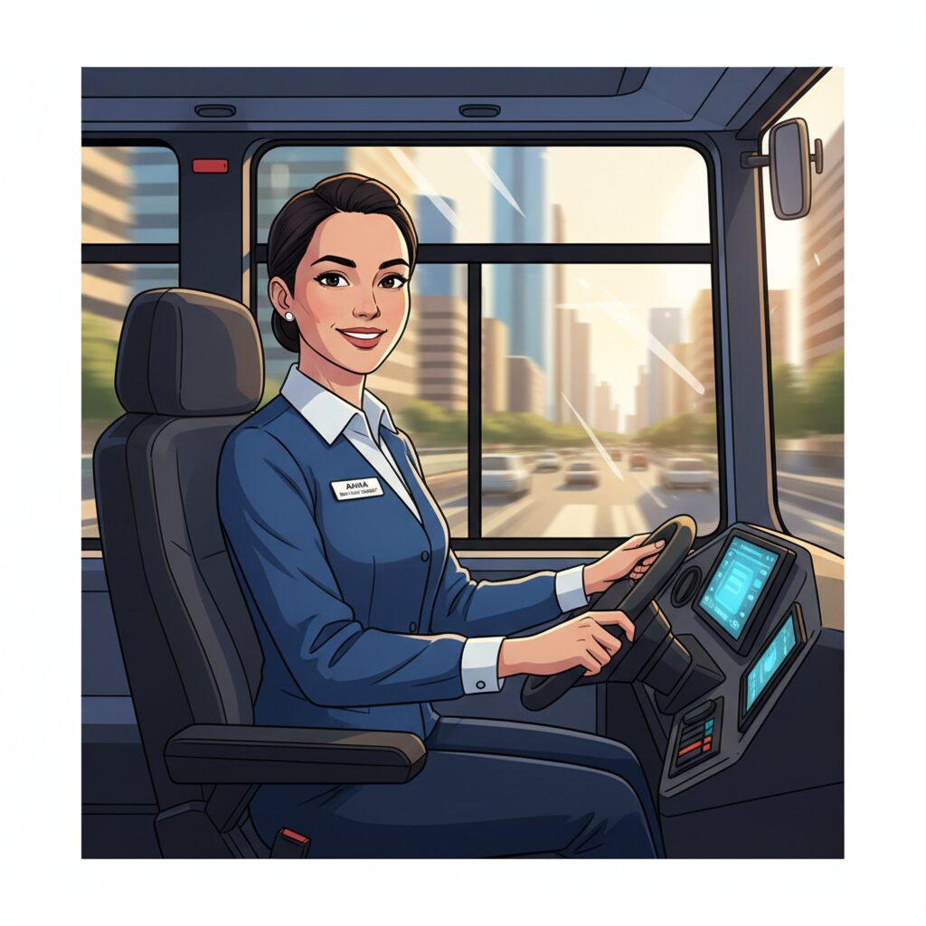 バス運転手の仕事のやりがいと厳しい現実を示す、プロフェッショナルなドライバーの画像
