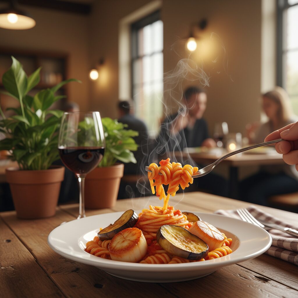 成田市にある洋食・イタリアンレストラン「チャップリン」の温かい雰囲気と、人気メニューのホタテと揚げナスが入ったトマトソースパスタの写真。