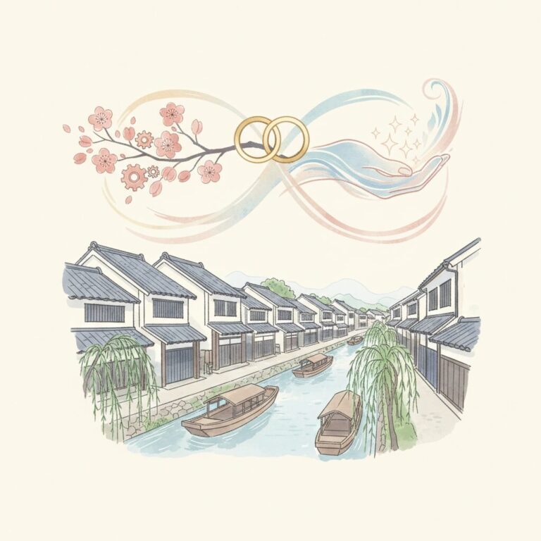 岡山県倉敷市の美観地区を背景にした、家族の温かさを象徴する風景