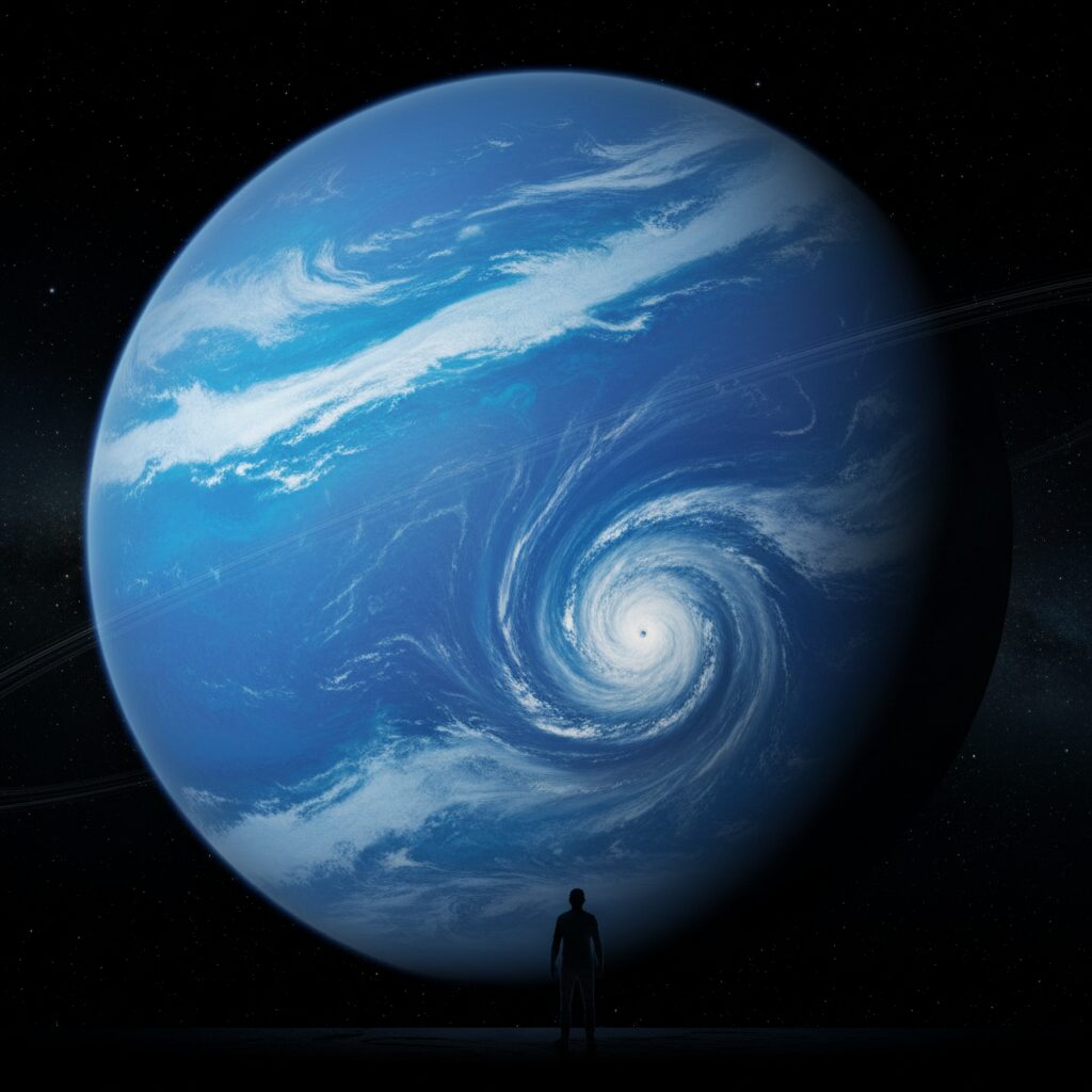 青く巨大な惑星、海王星。その表面には白い暴風の帯が見え、遠くに立つ人間のシルエットが描かれている。