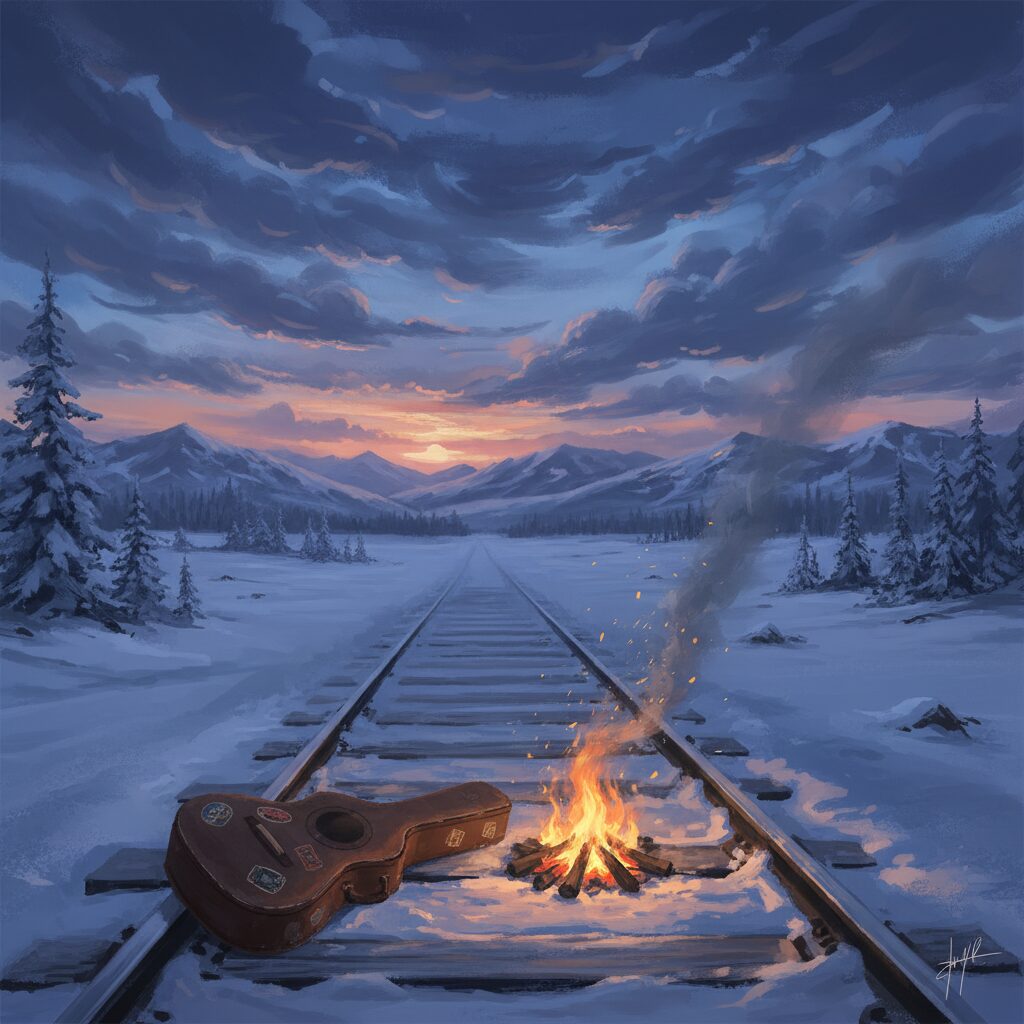 シベリアの雪景色を走る古い列車と、達成感を感じさせるミュージシャンの旅のイメージ