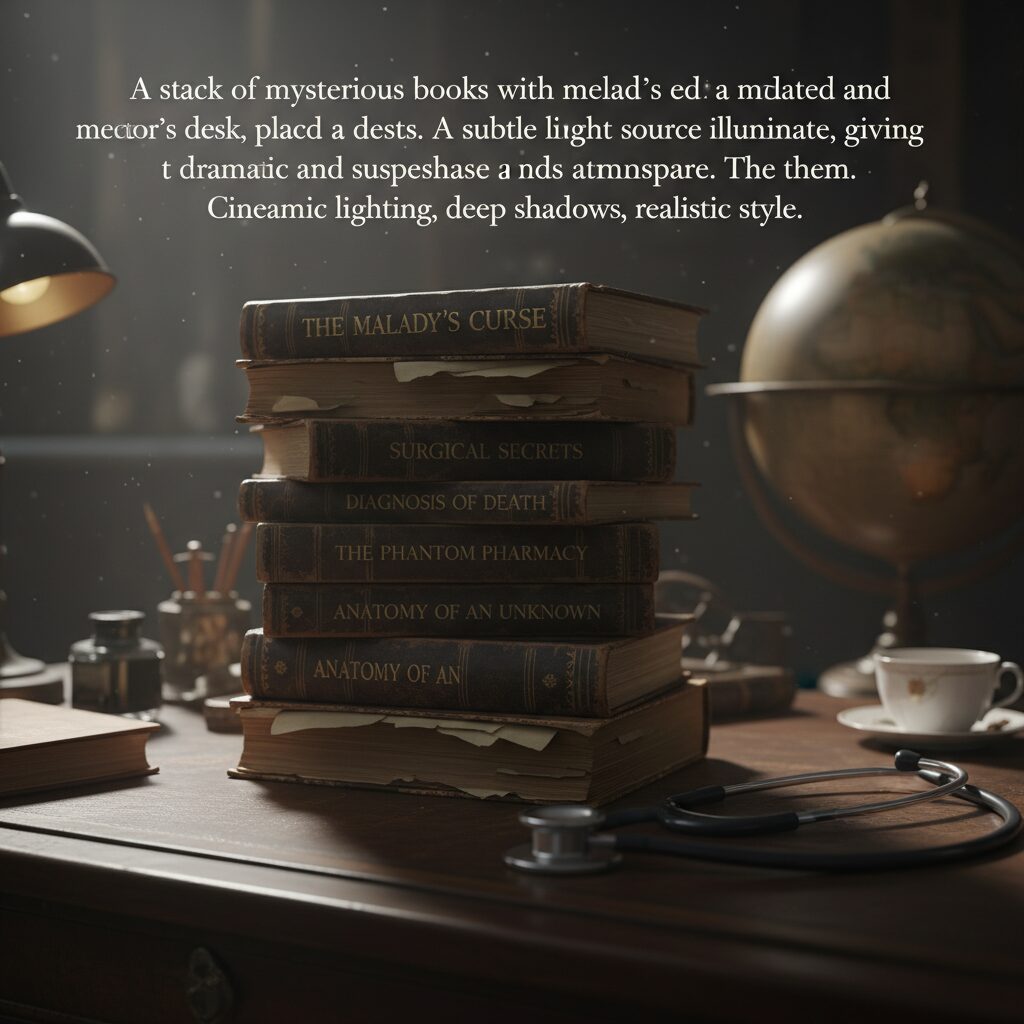医療ミステリー小説の山と聴診器が置かれた机