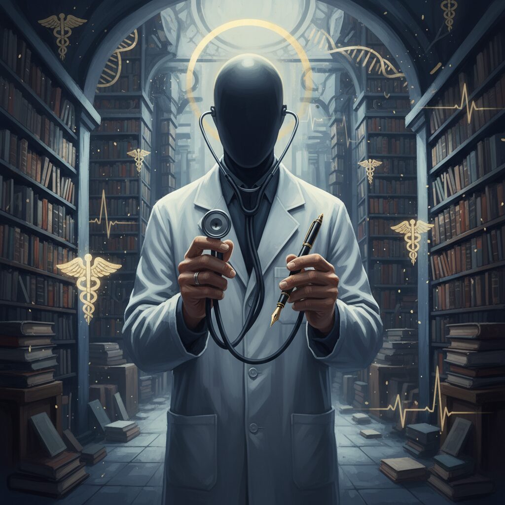 聴診器と万年筆を持つ医師のシルエットと、ミステリアスな医療ミステリーをイメージしたイラスト。