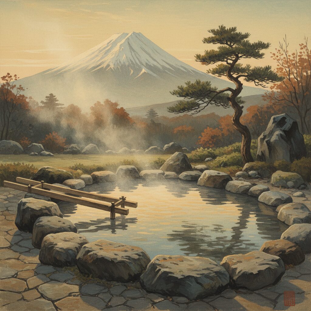 駒ヶ岳の麓にある駒ヶ峯温泉ちゃっぷ林館の露天風呂。湯船から雄大な山々が見える静かな情景。