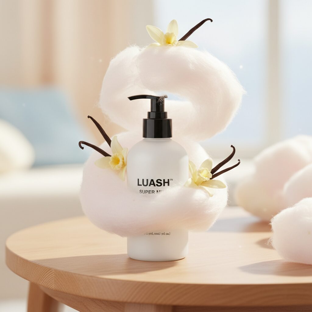 LUSHのスーパーミルキー ヘアプライマーのボトルと、バニラや綿あめのような甘い香りをイメージした白い煙。