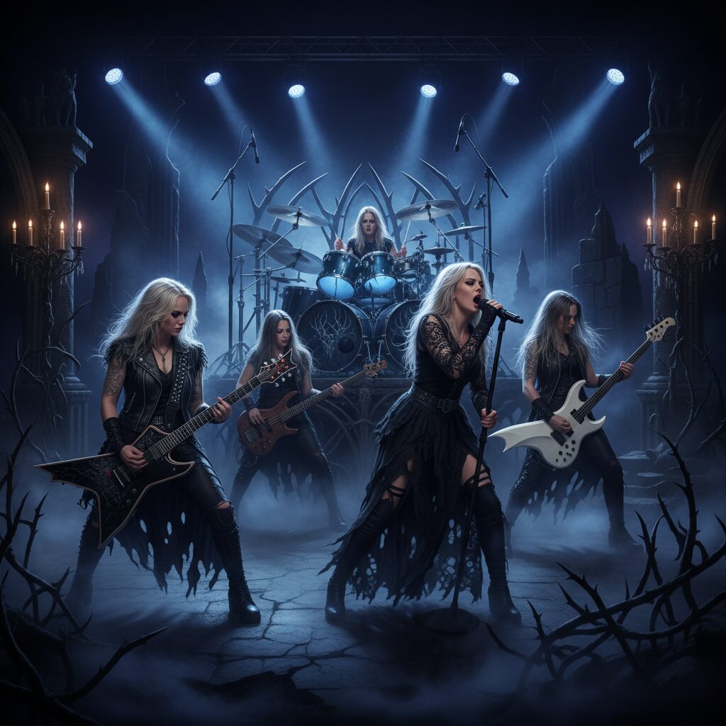 Roseliaのメンバーがゴシックな衣装で楽器を演奏しているライブステージの様子。