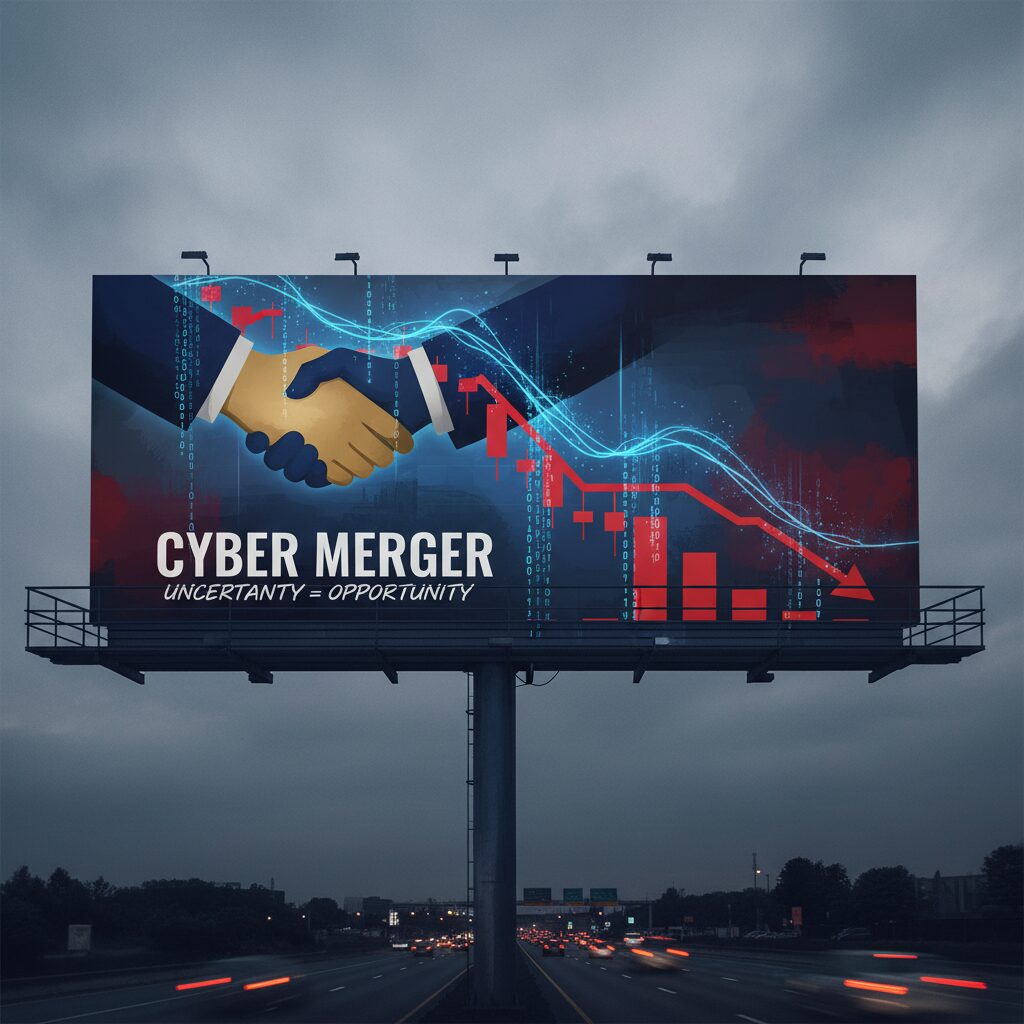 アサヒグループホールディングスの株価チャートとサイバー攻撃、M&Aを示す抽象的なシンボル