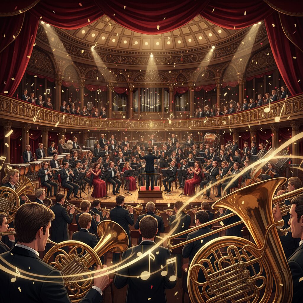 舞台上で金管楽器が力強く輝き、華やかなファンファーレを奏でる吹奏楽の演奏シーン。ジュビリー序曲の祝祭的な雰囲気を表現。