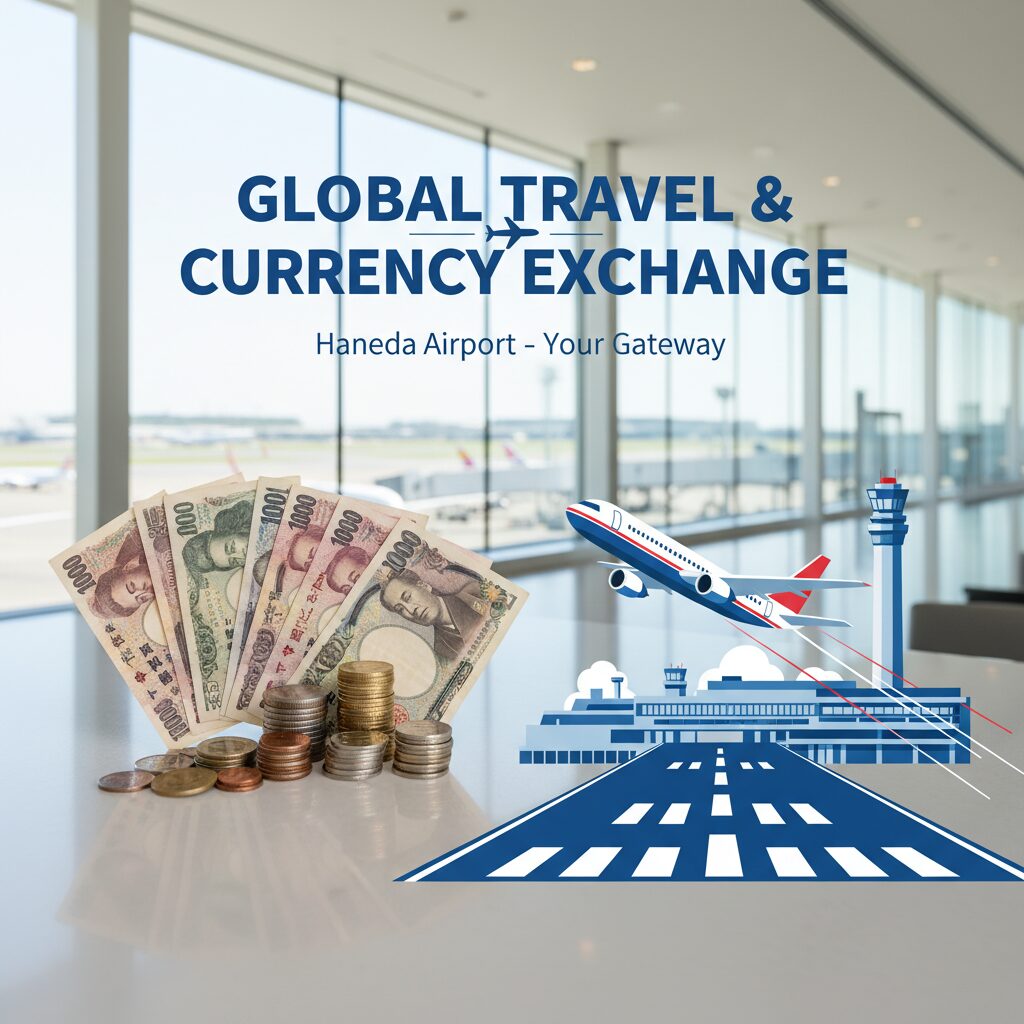 羽田空港の両替所と複数の外貨紙幣が並べられた、両替戦略を説明する画像