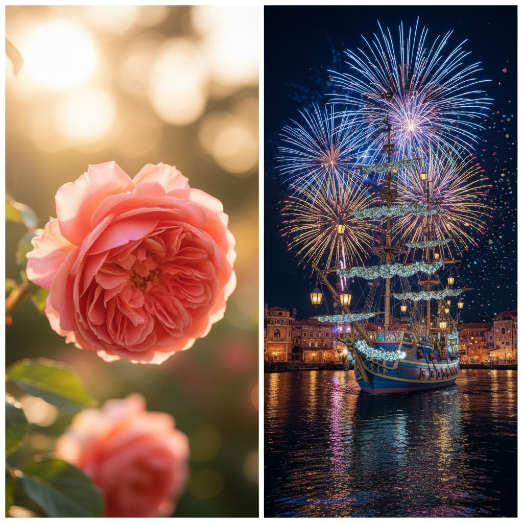 コーラルピンクのバラと東京ディズニーシー25周年イベントの華やかなイメージを対比した画像