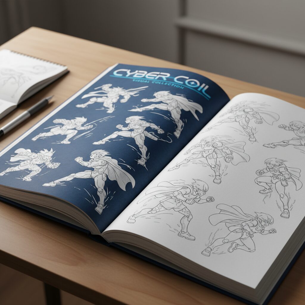 電脳コイル ビジュアルコレクションの開かれたページに描かれた、躍動感あふれる線画の原画とレイアウトのイラスト。