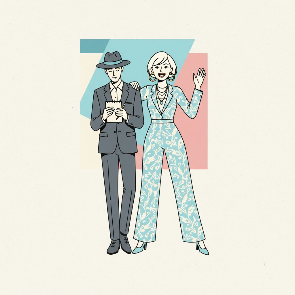 若槻千夏さんのブランドイメージと、シャイな夫を連想させるファッショナブルなイラスト