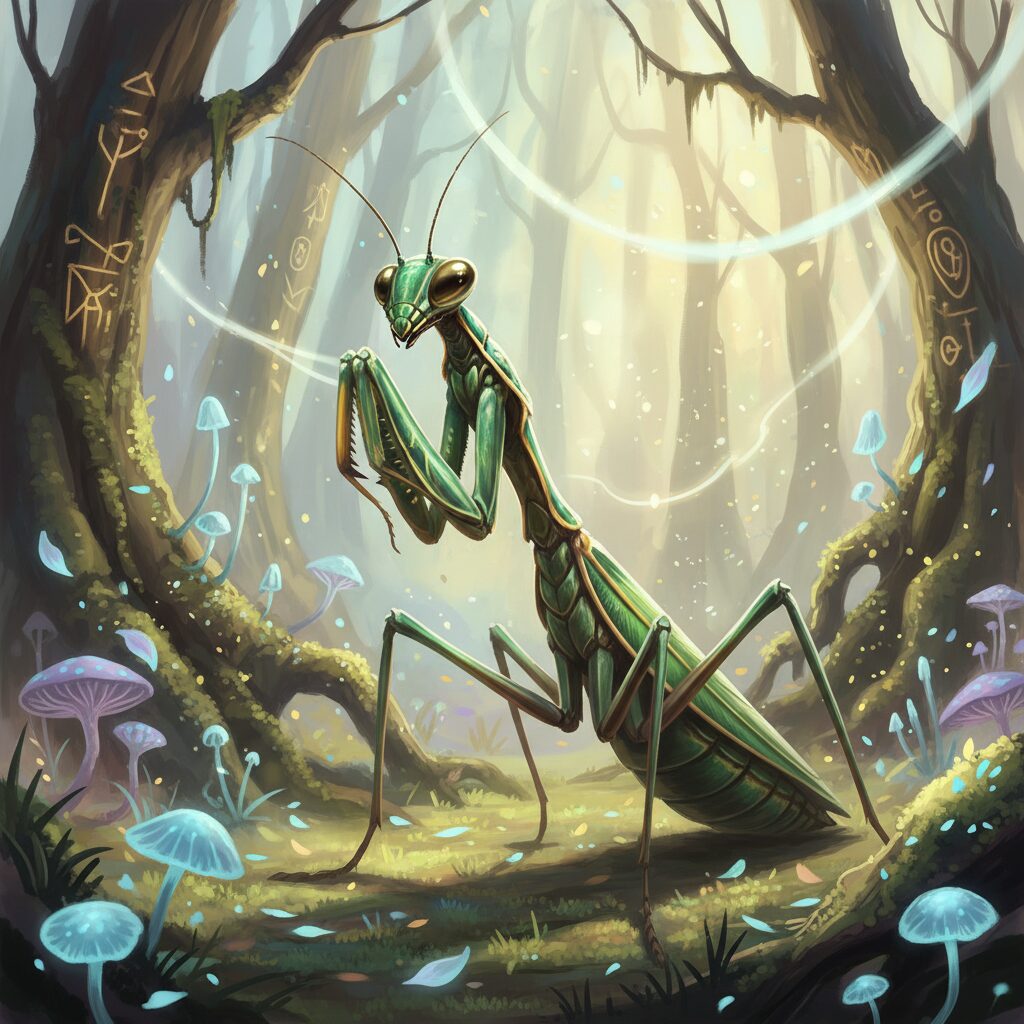 神秘的な光の中に立つ緑と金色のカマキリ