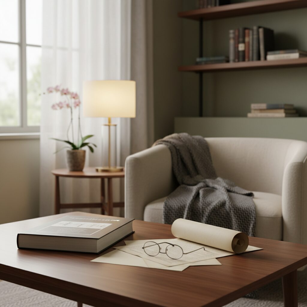 穏やかな雰囲気の書斎と結婚生活を象徴するアイテム