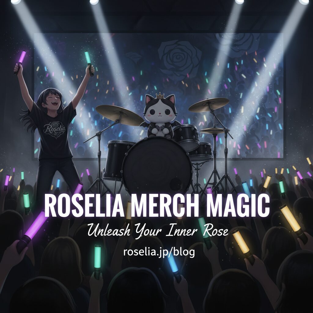 Roseliaのライブ会場の熱気とグッズ（ペンライト、Tシャツ、ぬいぐるみ）が写ったイメージ
