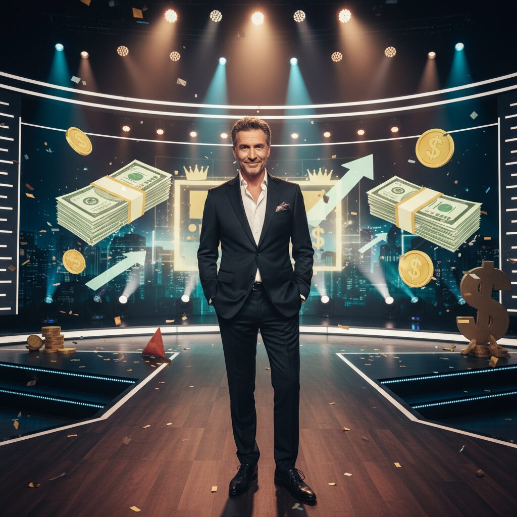 テレビドラマのセットで自信を持って立つ、50代の男性俳優のイメージ。