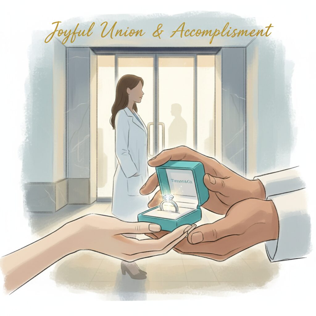 ティファニーの指輪が収められた箱を手に持つ、男女の温かい結婚を象徴する画像。