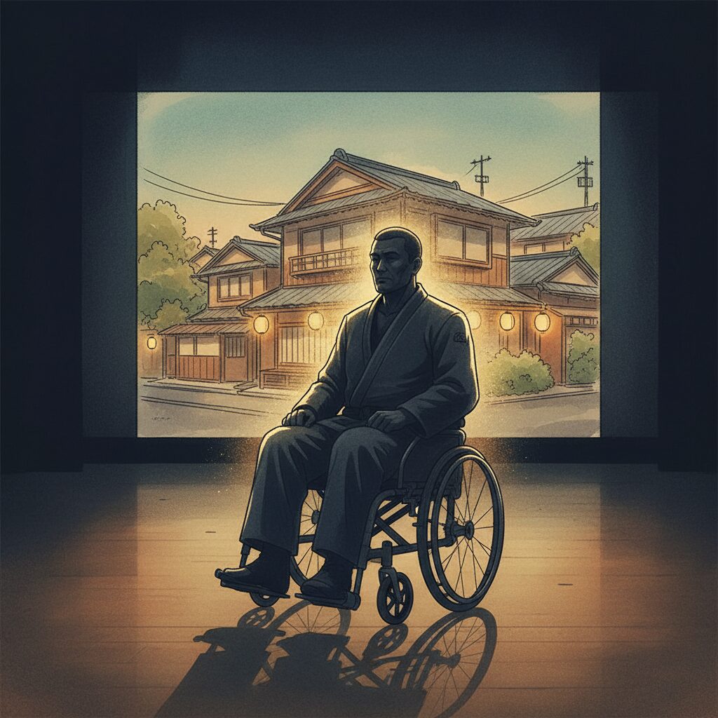 車いすに座り、教壇に立つ山下泰裕氏のシルエットと、大磯町の邸宅を思わせる背景。