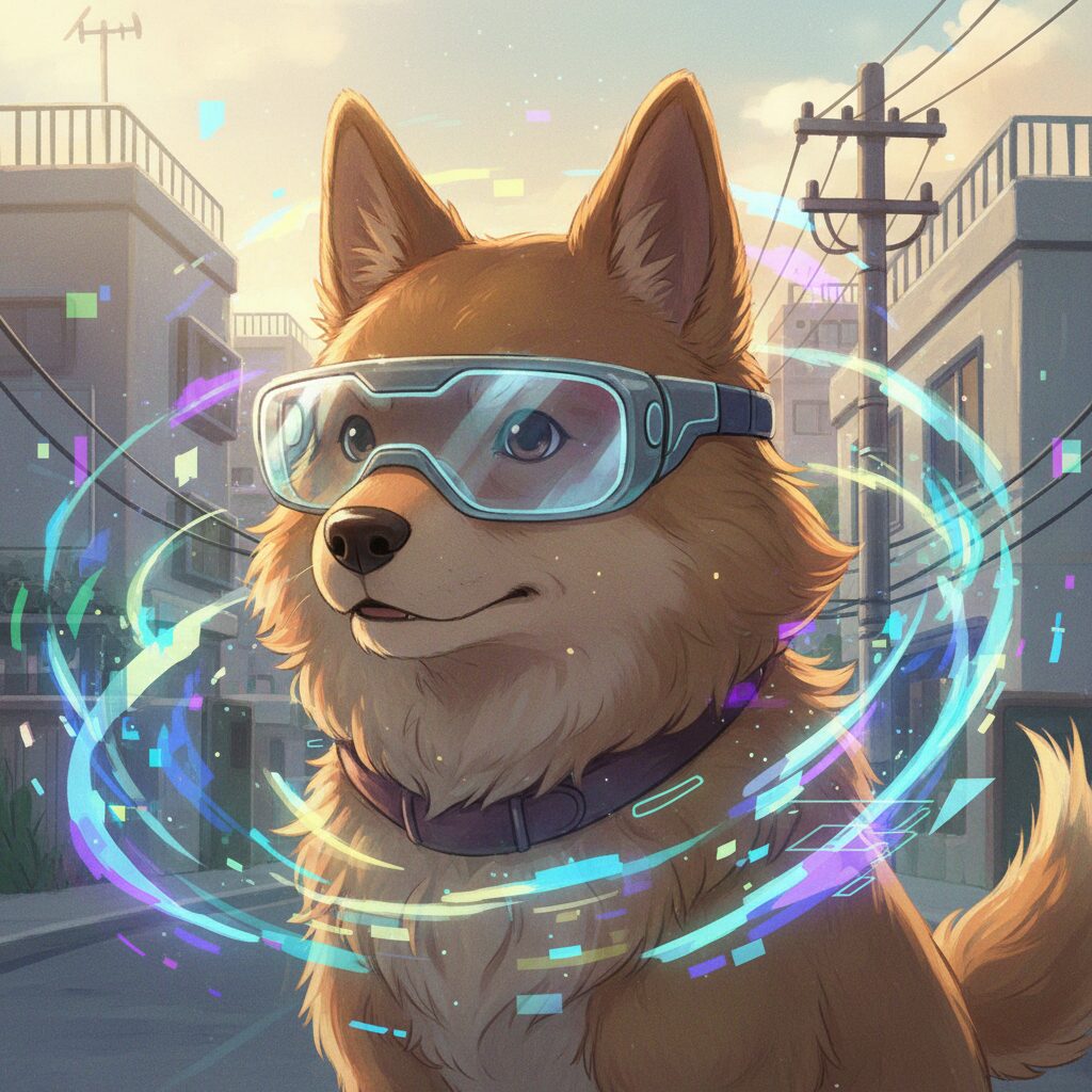 電脳コイルに登場する犬型電脳ペット、デンスケのイラスト。電脳メガネをかけており、背景には仮想空間と現実世界が重なり合っている様子が描かれている。