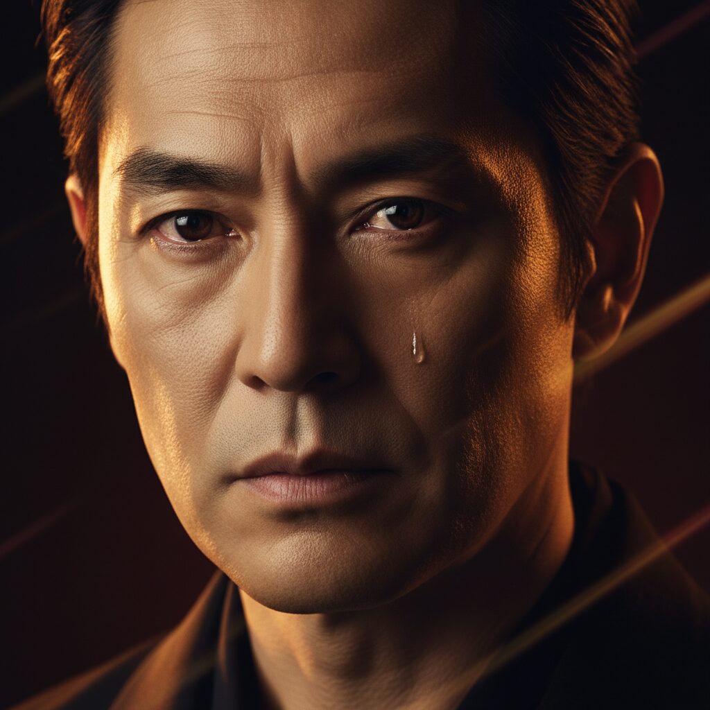 舞台照明に照らされた、メガネをかけていない俳優の顔のクローズアップ。普段とは違う真剣な表情。