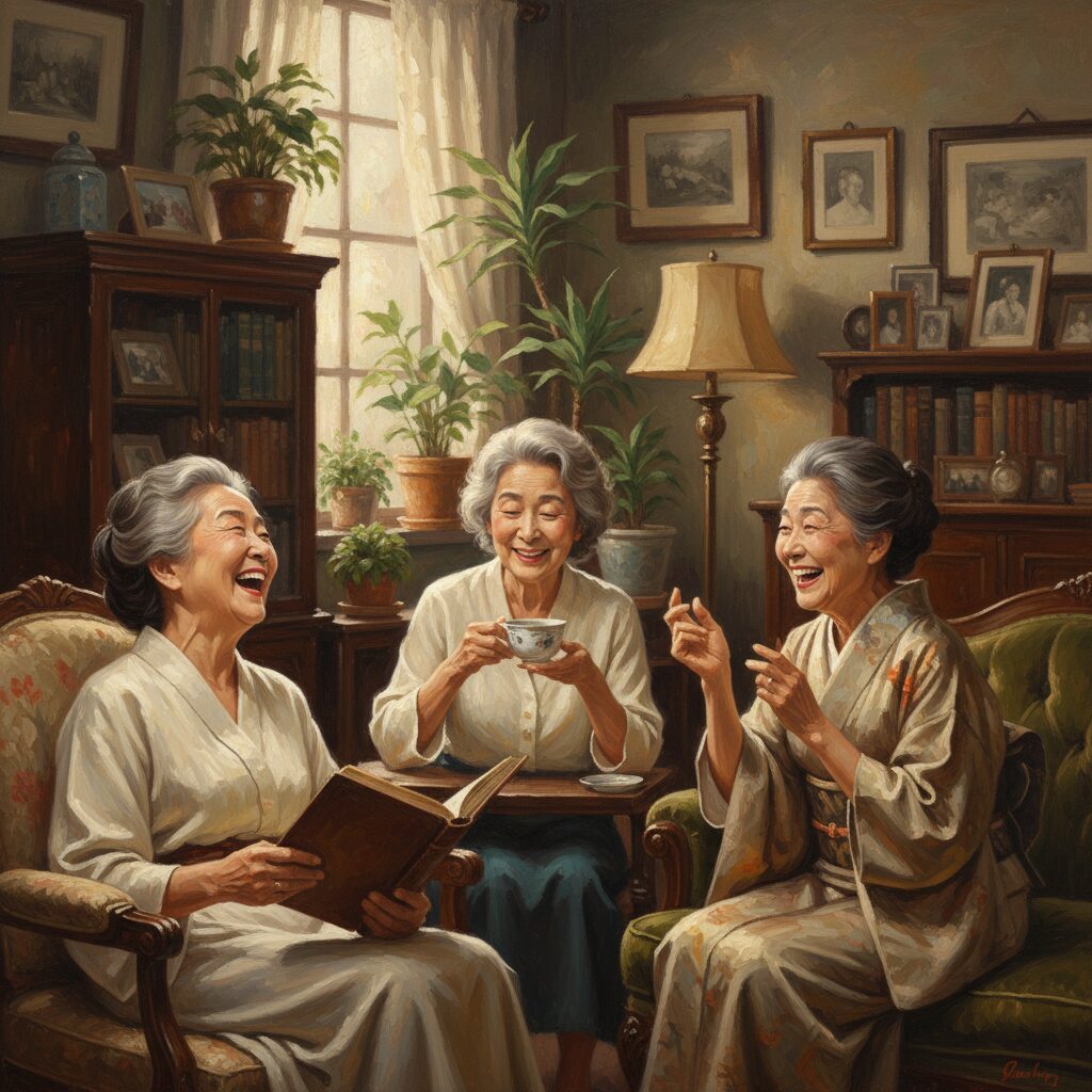 吉行和子さん、冨士眞奈美さん、岸田今日子さんの友情の秘訣を象徴する、暖かく優雅なリビングルームでの光景。