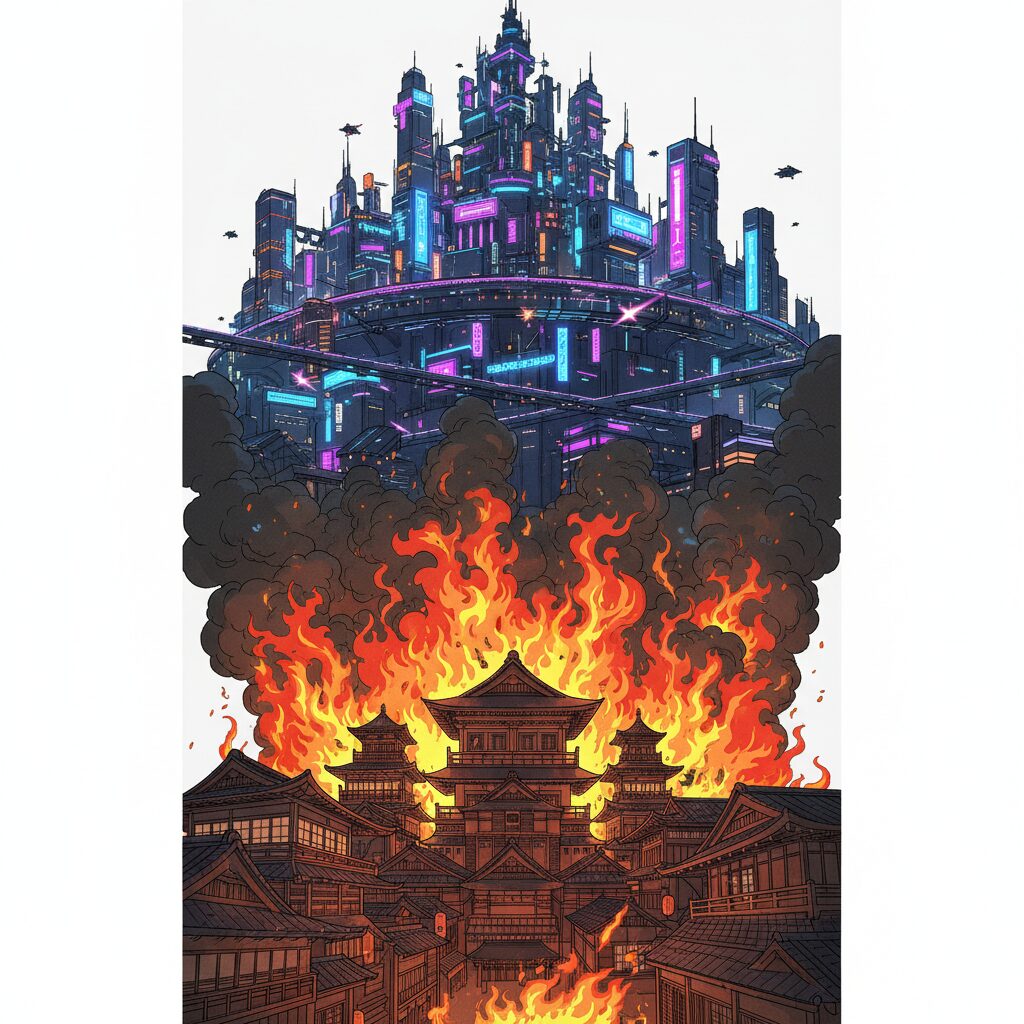 激しく燃え盛る江戸時代の吉原遊郭と、その炎の中から浮かび上がる未来的な地下都市のシルエット