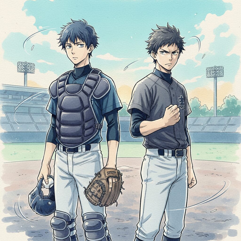 野球の天才キャッチャーとピッチャーが並び立つ、感動的なスポーツアニメのワンシーン。