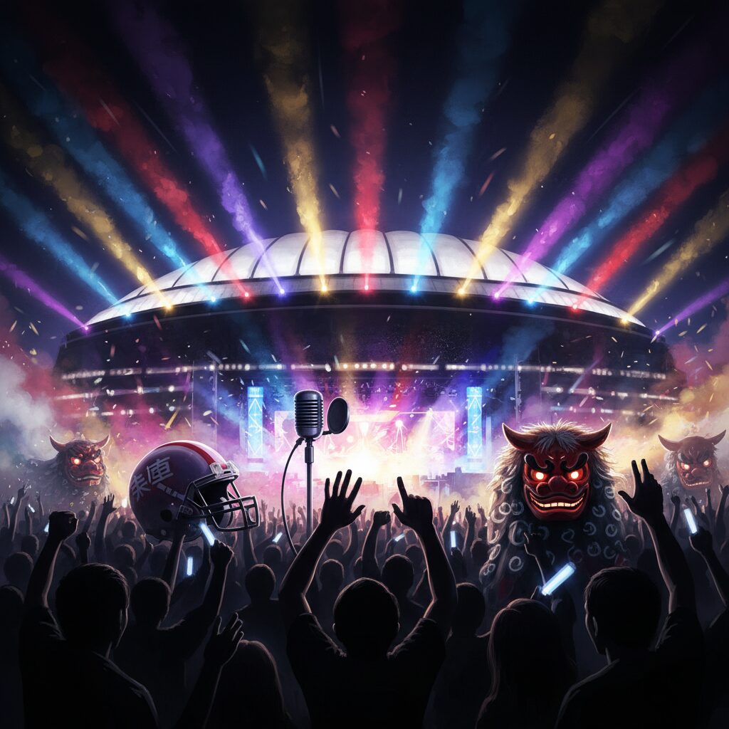 ライトアップされた東京ドームと、コンサートやスポーツの要素を組み合わせた年末年始イベントのイメージイラスト