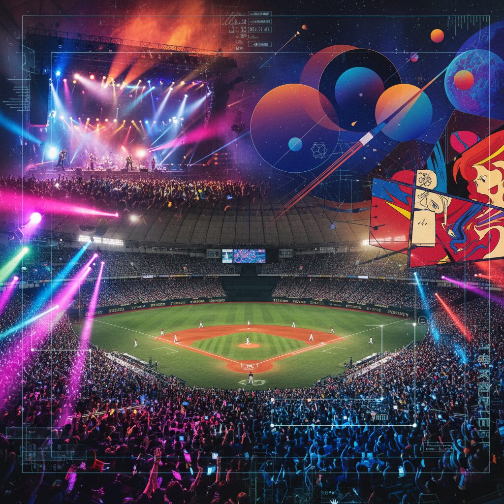 2026年の東京ドームで開催される多彩なイベント（コンサート、野球、展示会）の要素をコラージュした、活気あふれるイメージ。