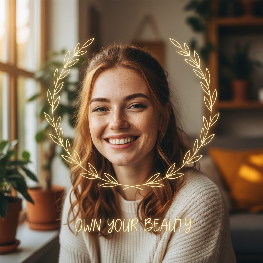 太陽の光を浴びた、そばかすのある女性の自然で自信に満ちた笑顔のアップ。