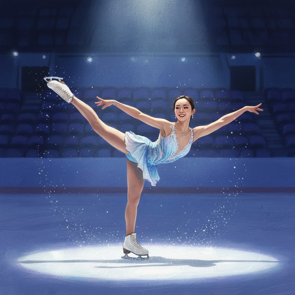 氷上で優雅にスピンする女性フィギュアスケーターの横顔。洗練された笑顔とフェイスラインが強調されている。