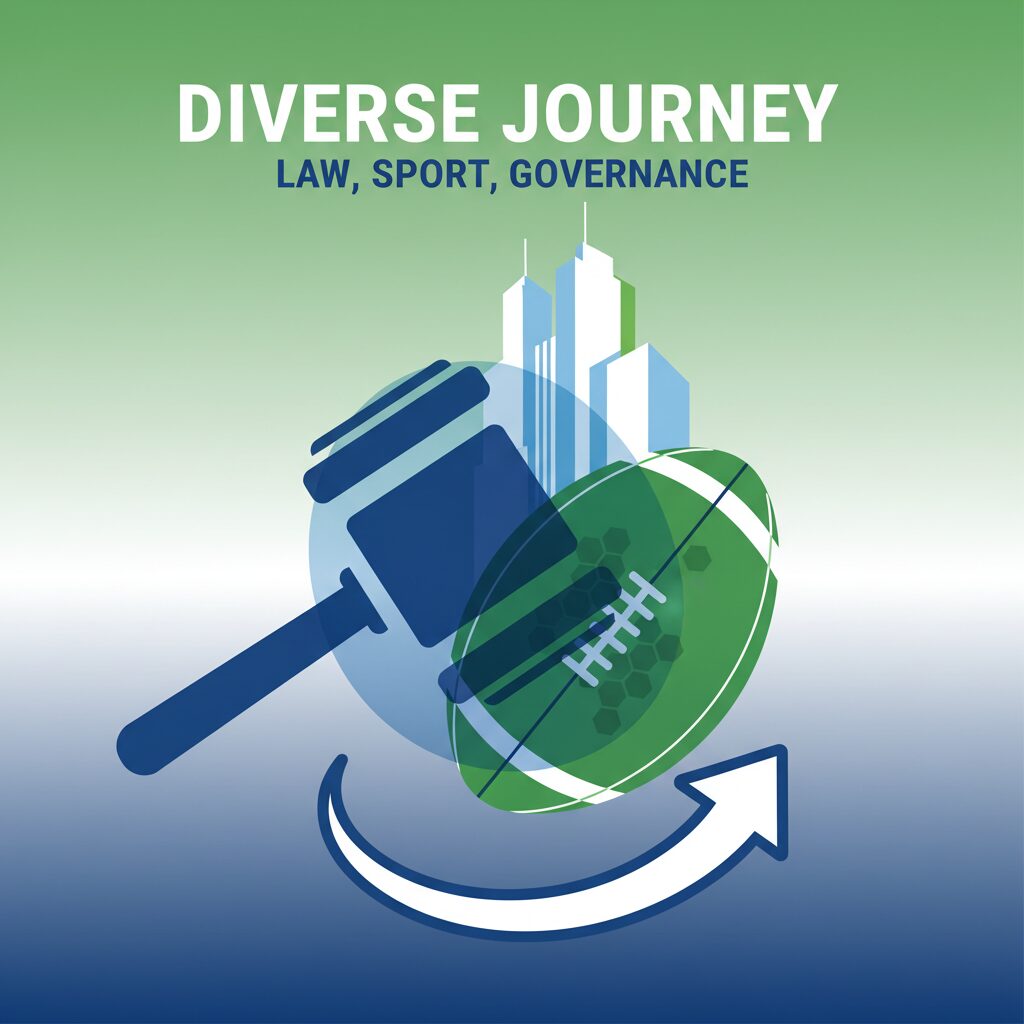 弁護士のガベル、ラグビーボール、都市のシルエットが描かれた、吉村洋文知事の多岐にわたる経歴を象徴するイラスト。