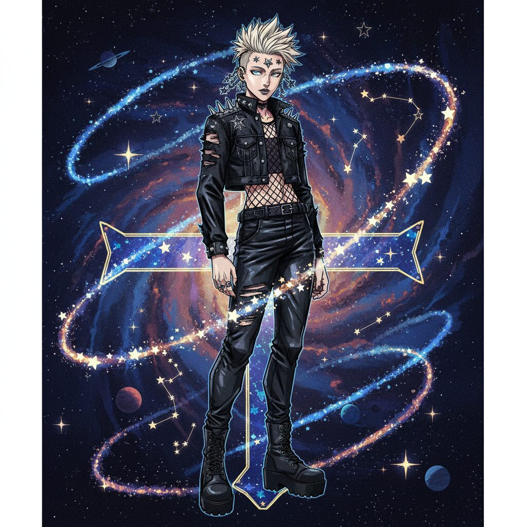 呪術廻戦のキャラクター、星綺羅羅のイラスト。ギャル風で星のモチーフがあしらわれた派手な衣装を纏い、背後に星座の光が描かれている。