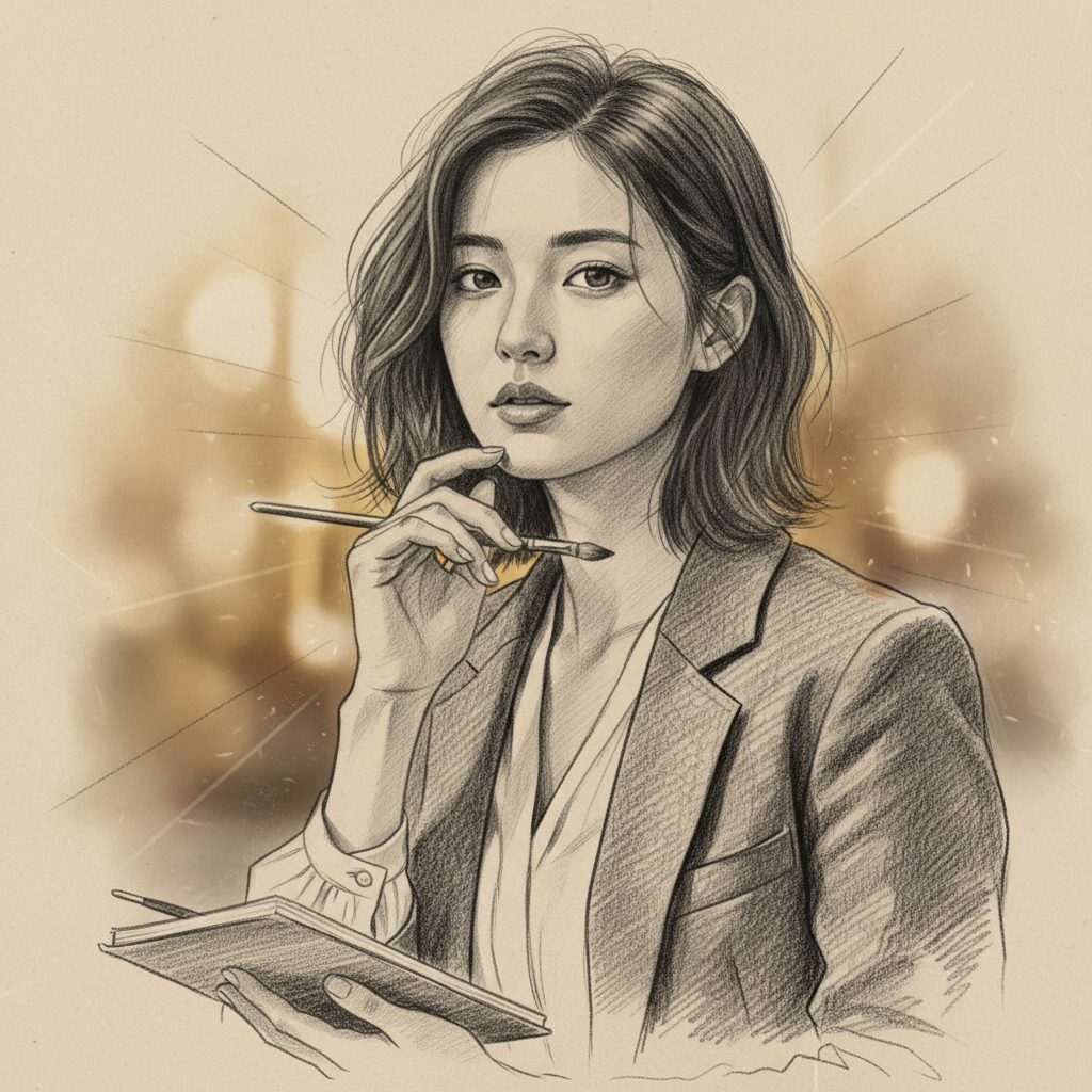 若手女優のプロフェッショナルなポートレート。照明が暖かく、芸術的な雰囲気を醸し出している。