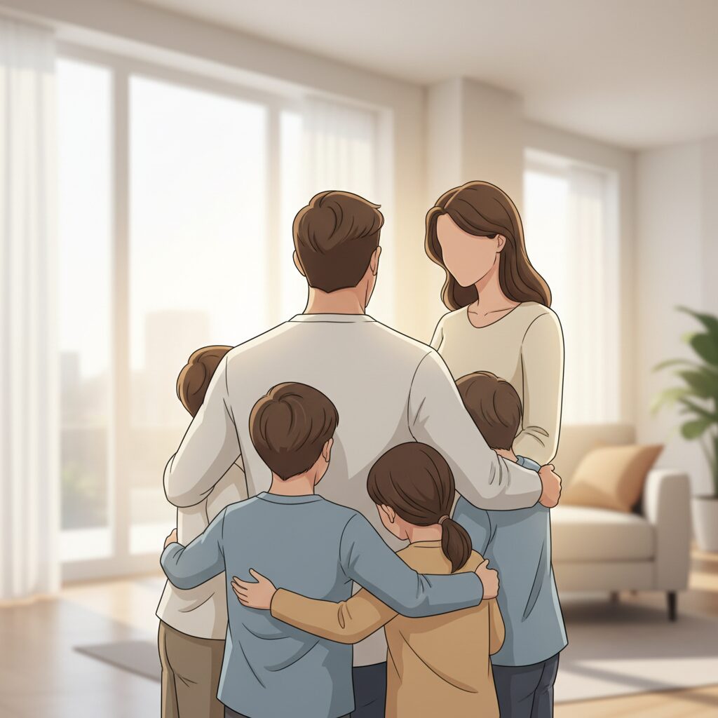 温かい雰囲気で描かれた5人家族のイラスト。