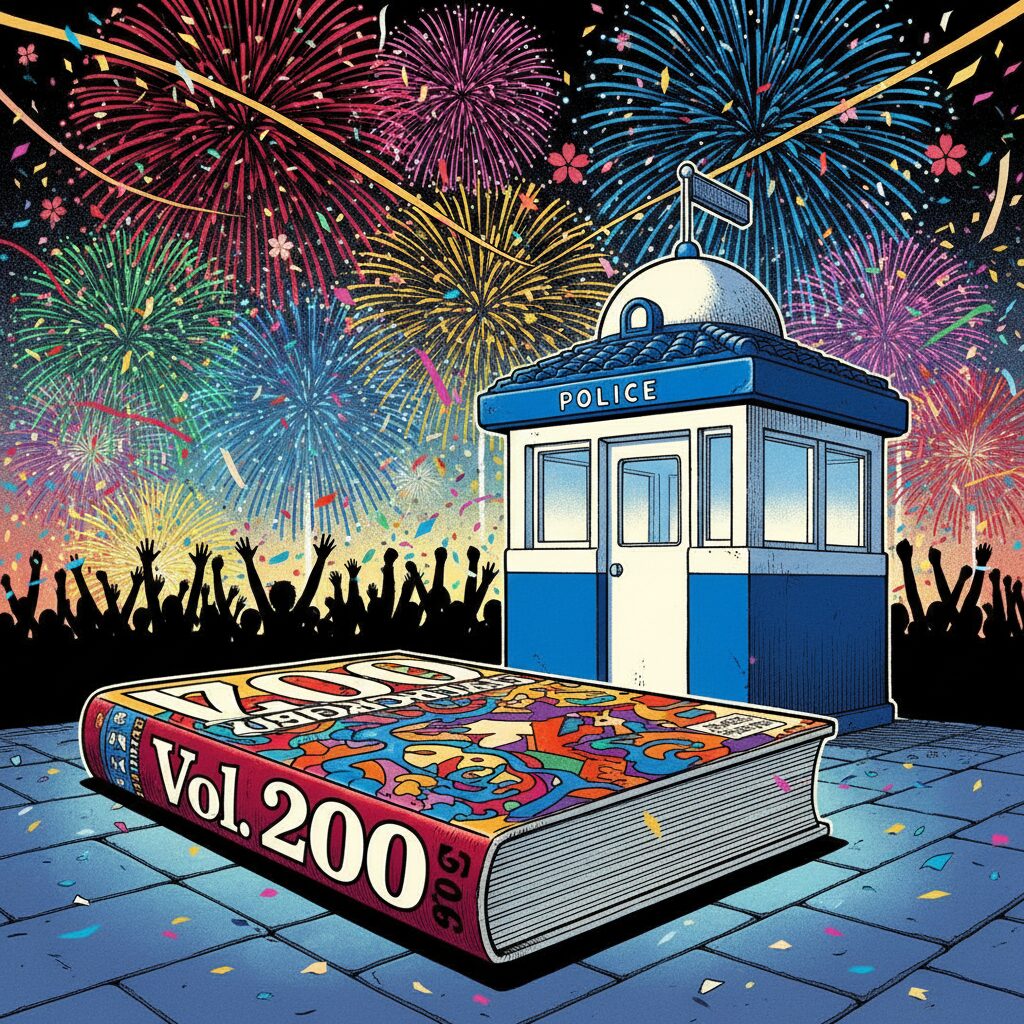 賑やかな背景に置かれた分厚い『こち亀』コミックス200巻と派出所のイラスト