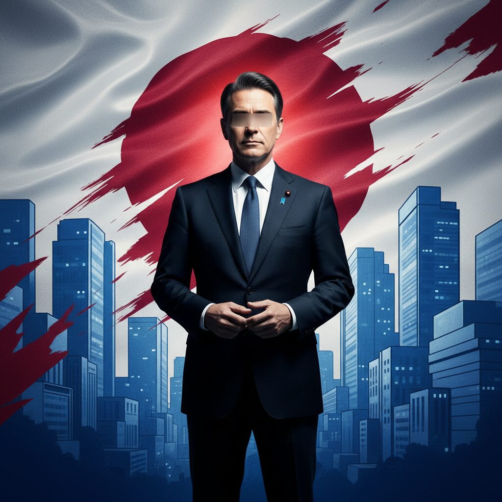 日本国旗の抽象的な背景の前で力強く立つ、真実を象徴する政治家のイメージ