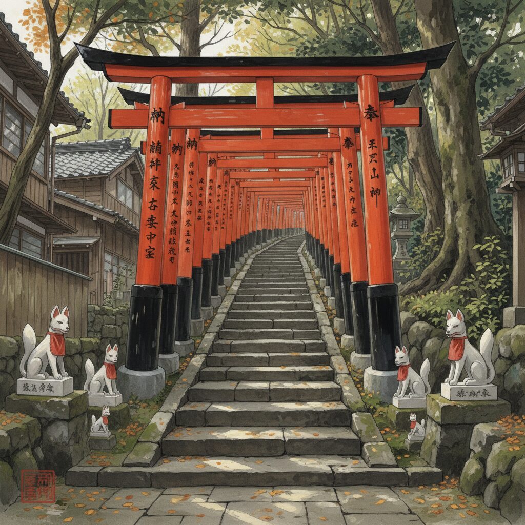 鎌倉の佐助稲荷神社にある、石段を登る朱色の鳥居が連なるトンネルの遠景。多数の白い狐の像が置かれている。