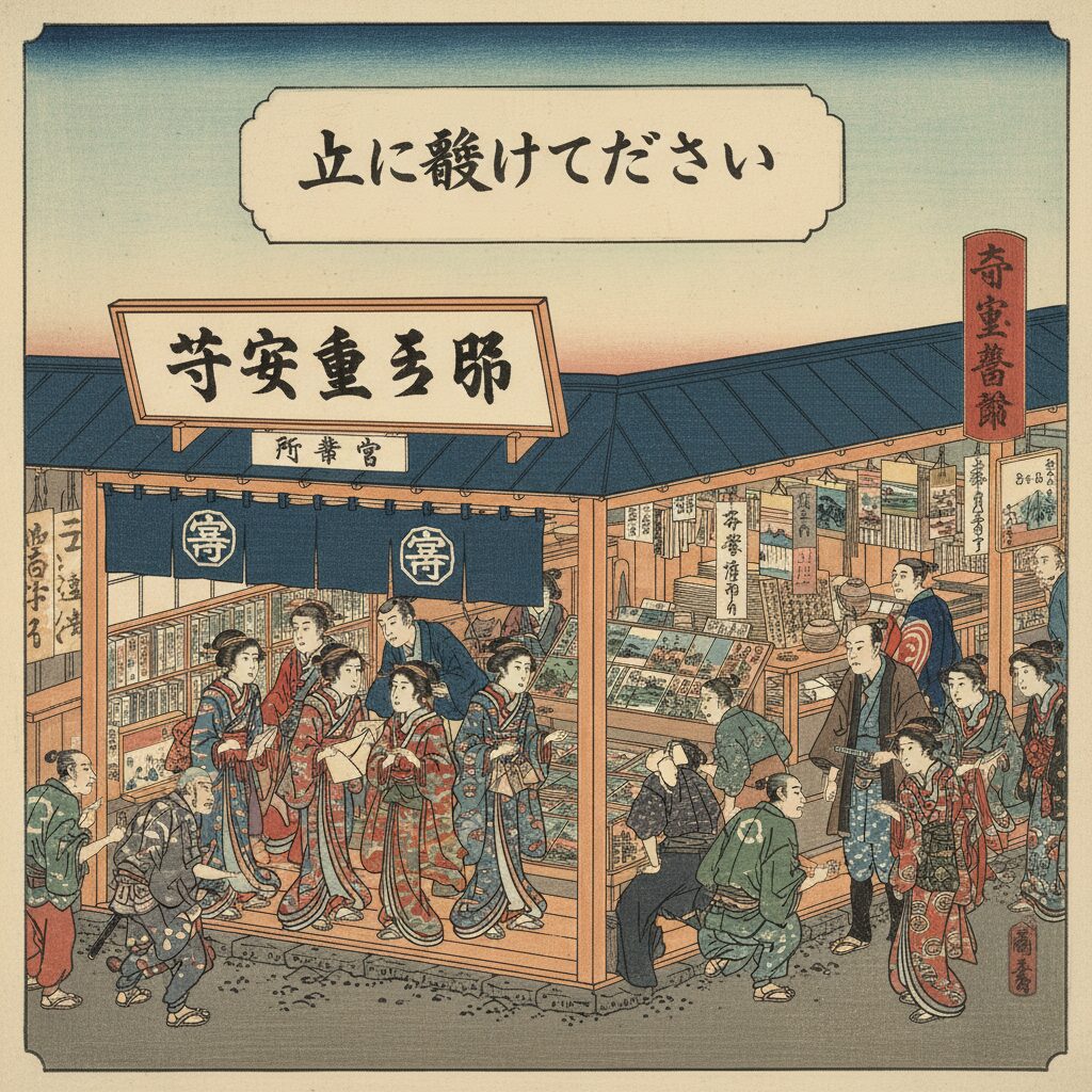 江戸時代の活気ある出版所「耕書堂」を描いた浮世絵風のイラスト。蔦屋重三郎の屋号の看板が見える。