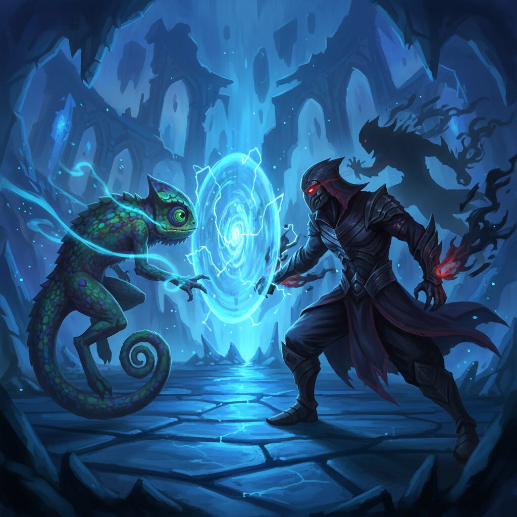 ニーコとZedが対峙している緊迫感のあるイラスト。