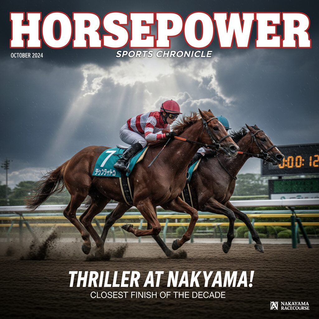 ターコイズ色のゼッケンをつけた競走馬がゴール直前を駆け抜ける、ダイナミックなレース写真