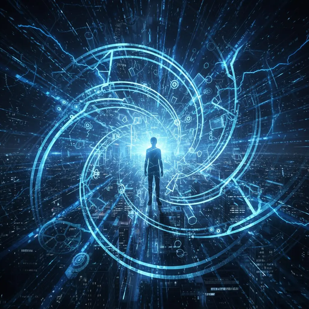 呪術廻戦の領域展開をテーマにした、青い光と幾何学模様が高速で広がる抽象的なアートワーク。