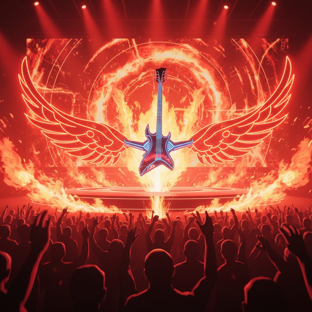マクロス7のライブステージをイメージした、炎のエフェクトとギターが浮かぶダイナミックな画像