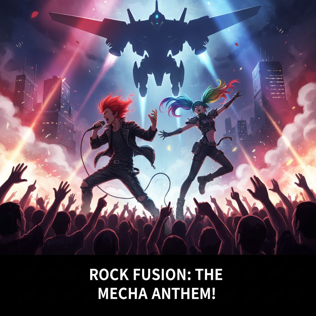 赤と青の照明に照らされ、熱唱するロックバンドのボーカリストと、拳を突き上げる観客のシルエット。マクロス7のライブの熱狂的な様子。