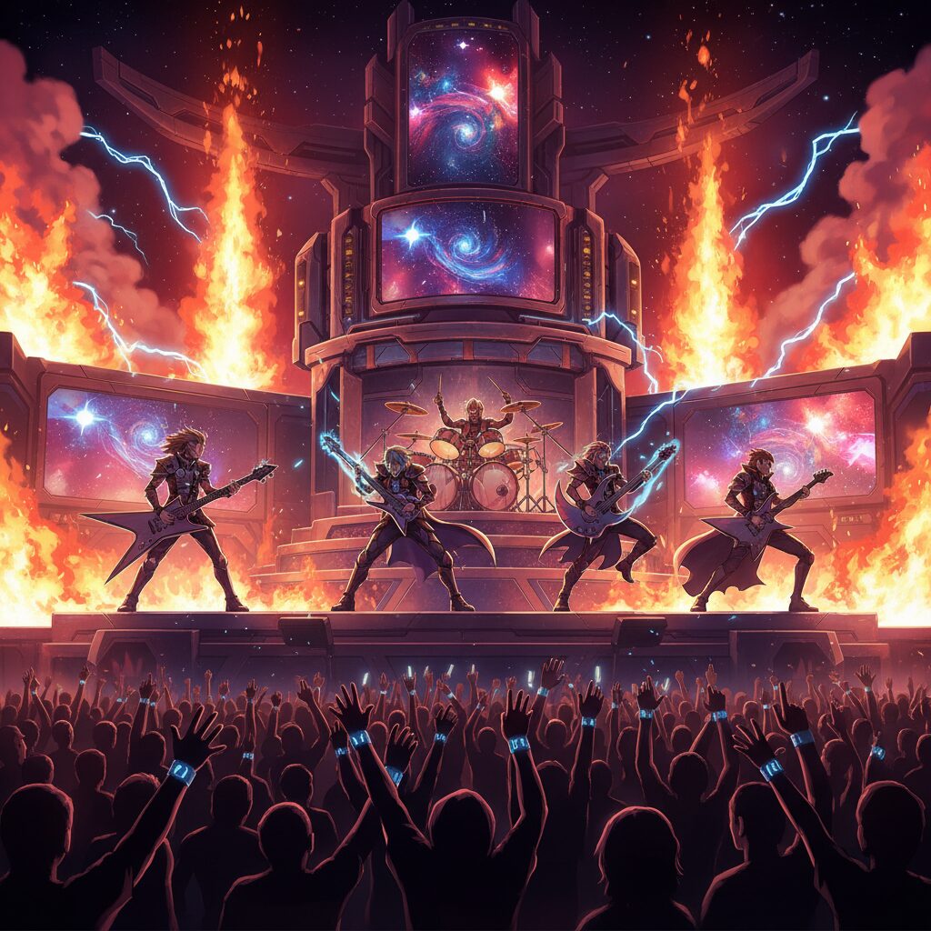 炎が上がるステージで熱いライブパフォーマンスを行うロックバンドのイラスト。未来的なアニメの雰囲気。