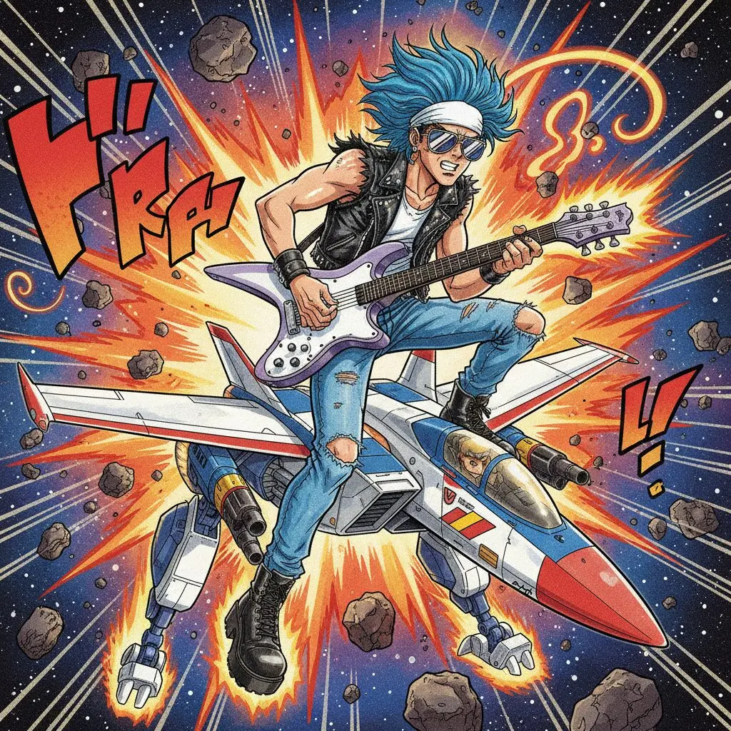 歌いながら宇宙を飛ぶ熱気バサラの戦闘機。激しい光と音のエフェクト。