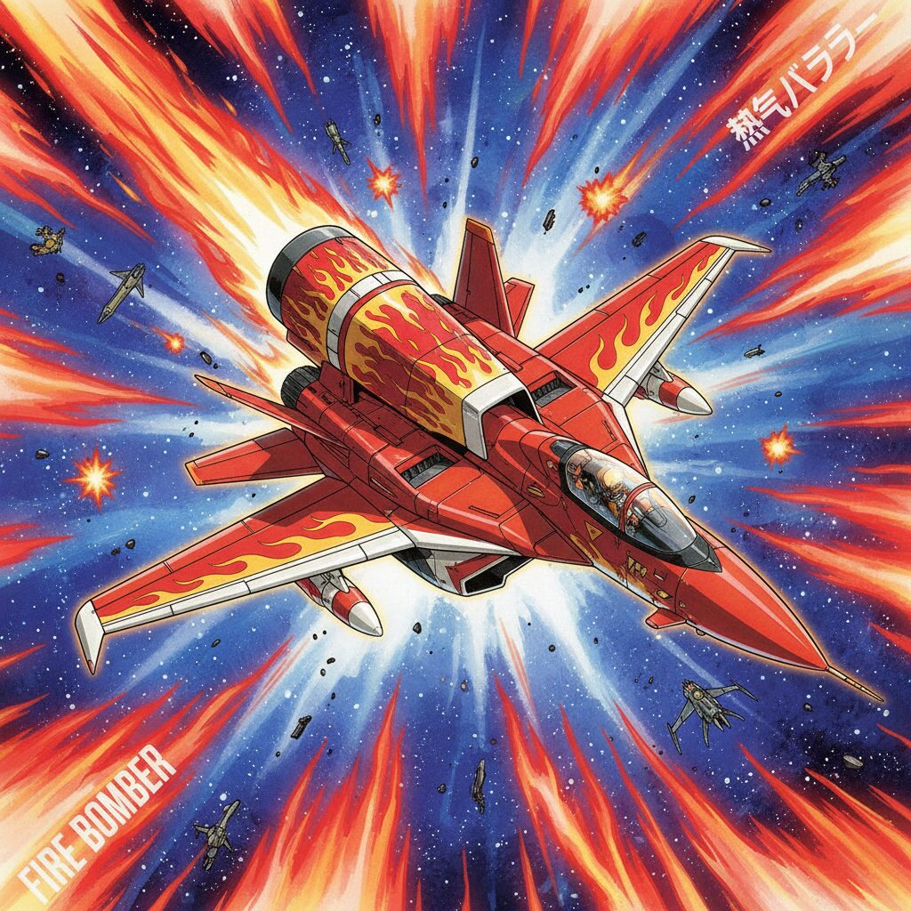 マクロス7の主役機、VF-19改 ファイヤーバルキリーにサウンドブースターを装着した状態のイラスト。